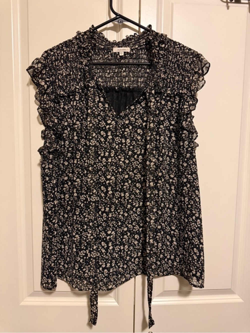 Pleione Black Floral Ruffle Tie-Neck Blouse